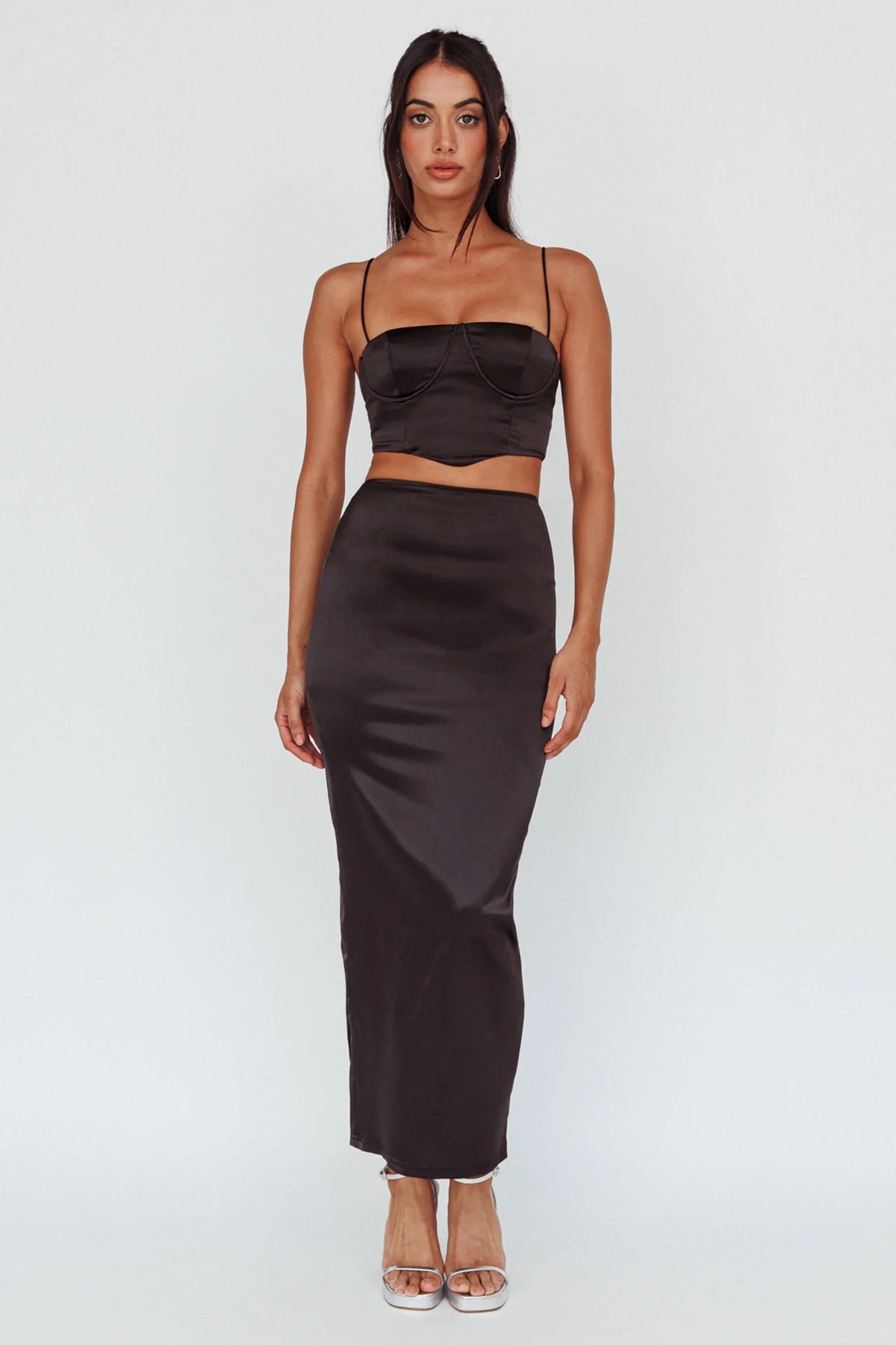 Zeina Satin Midi Skirt Black