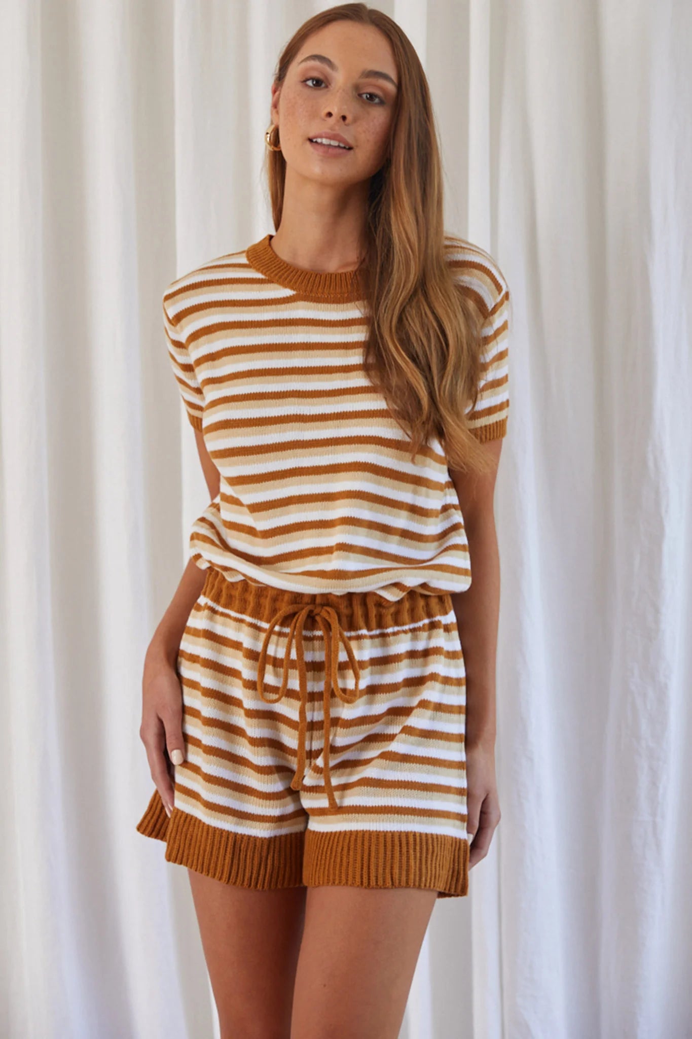 Johana Drawstring Romper Striped Camel