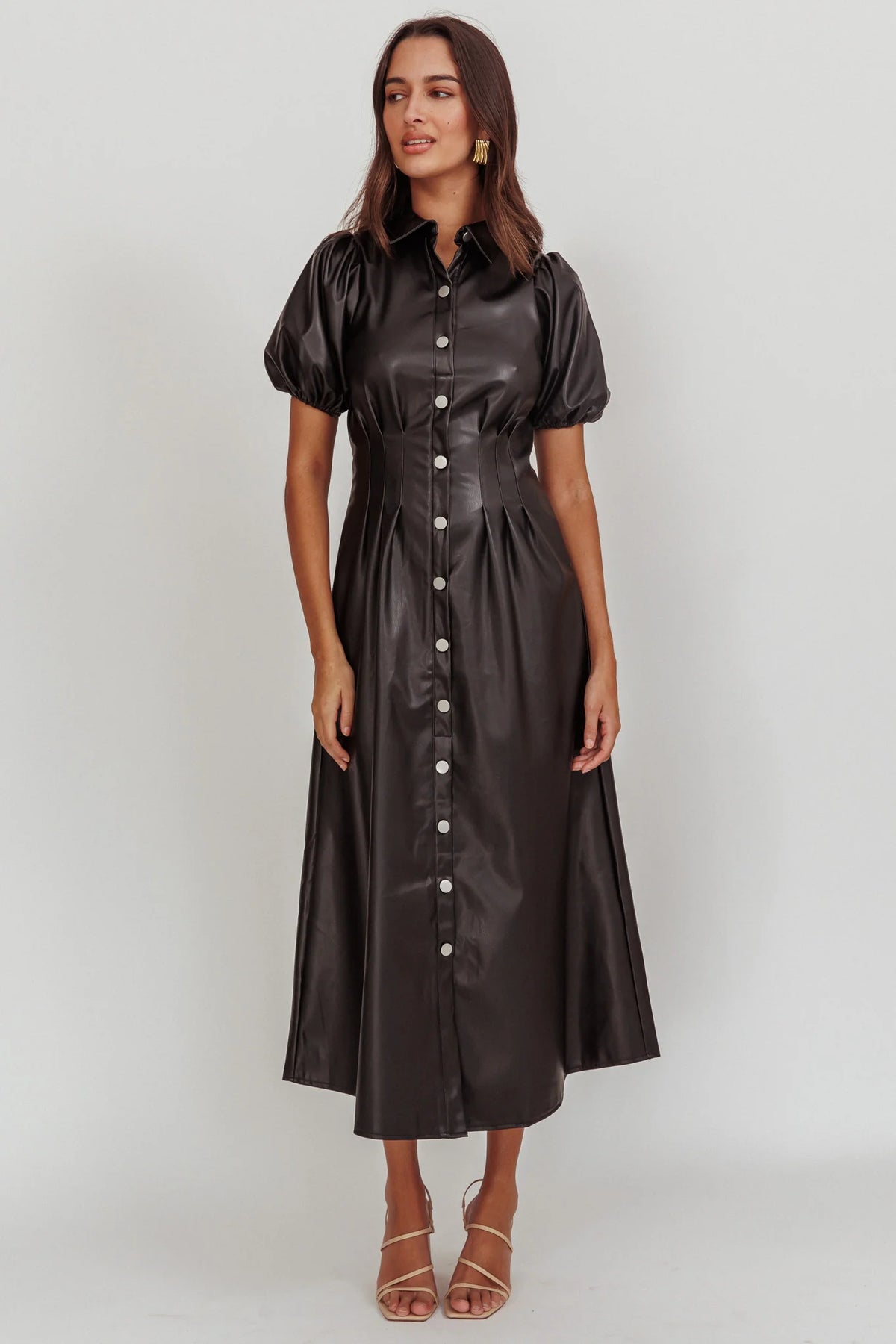 Zurich A-line Puff Sleeve Midi Dress Black