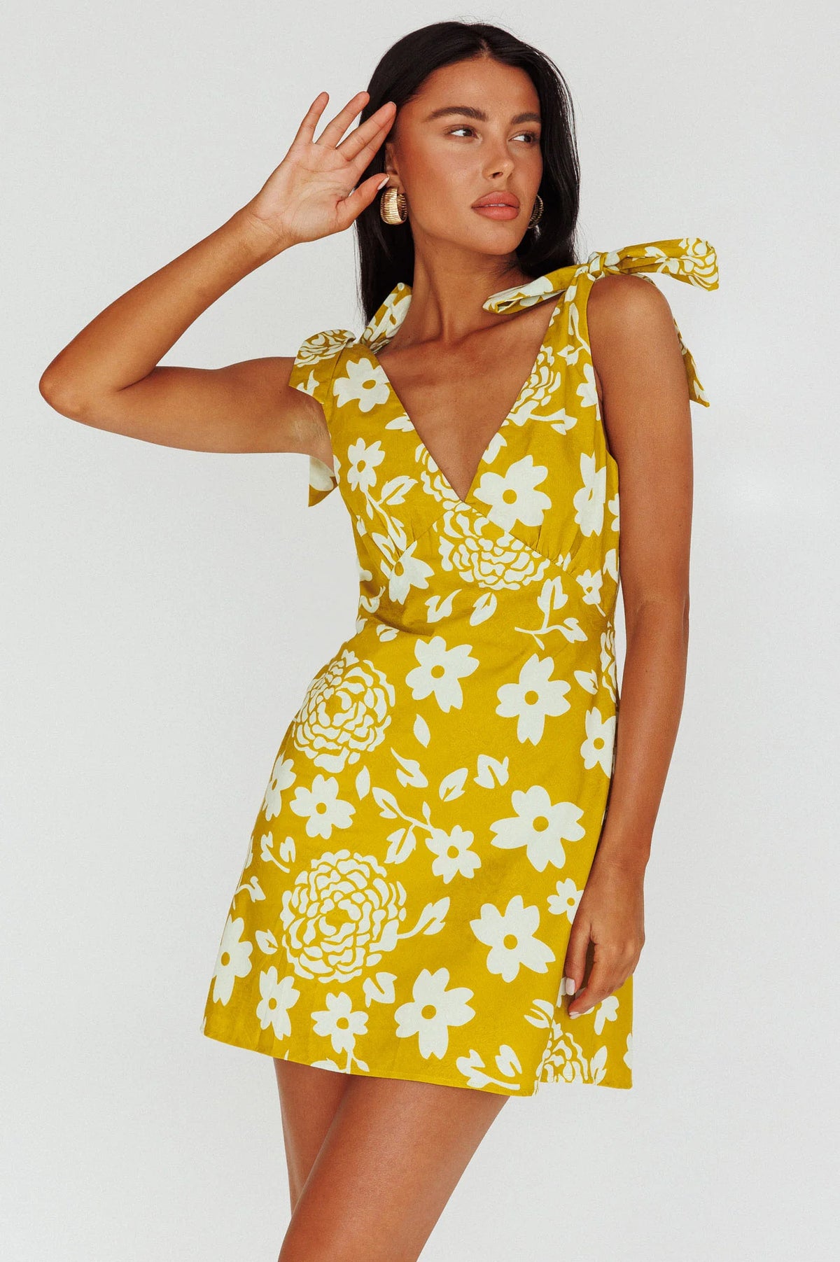 Mykonos Morning Tied Shoulder Mini Dress Floral Tan