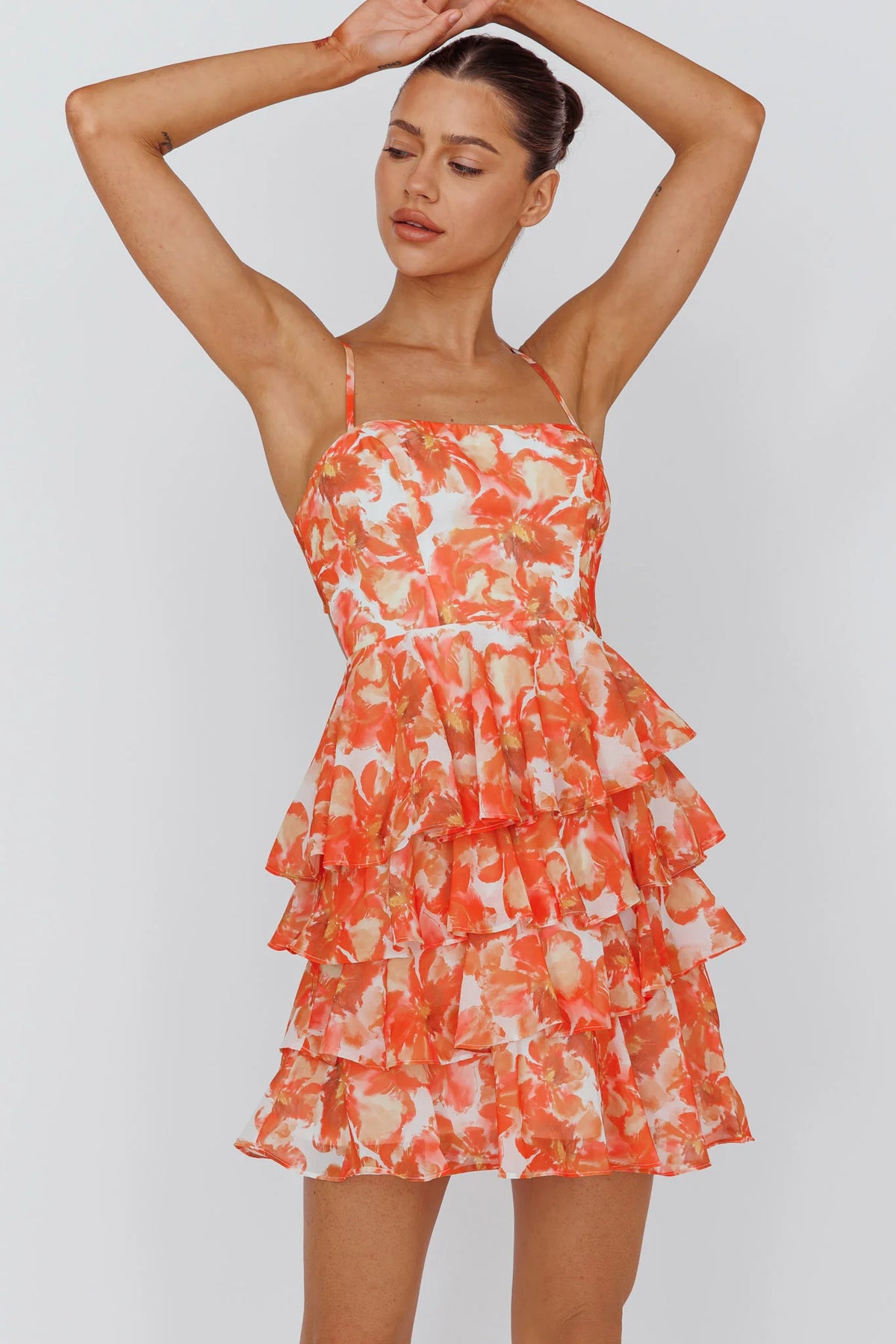 Lauran Tied Back Frill Dress Floral Orange