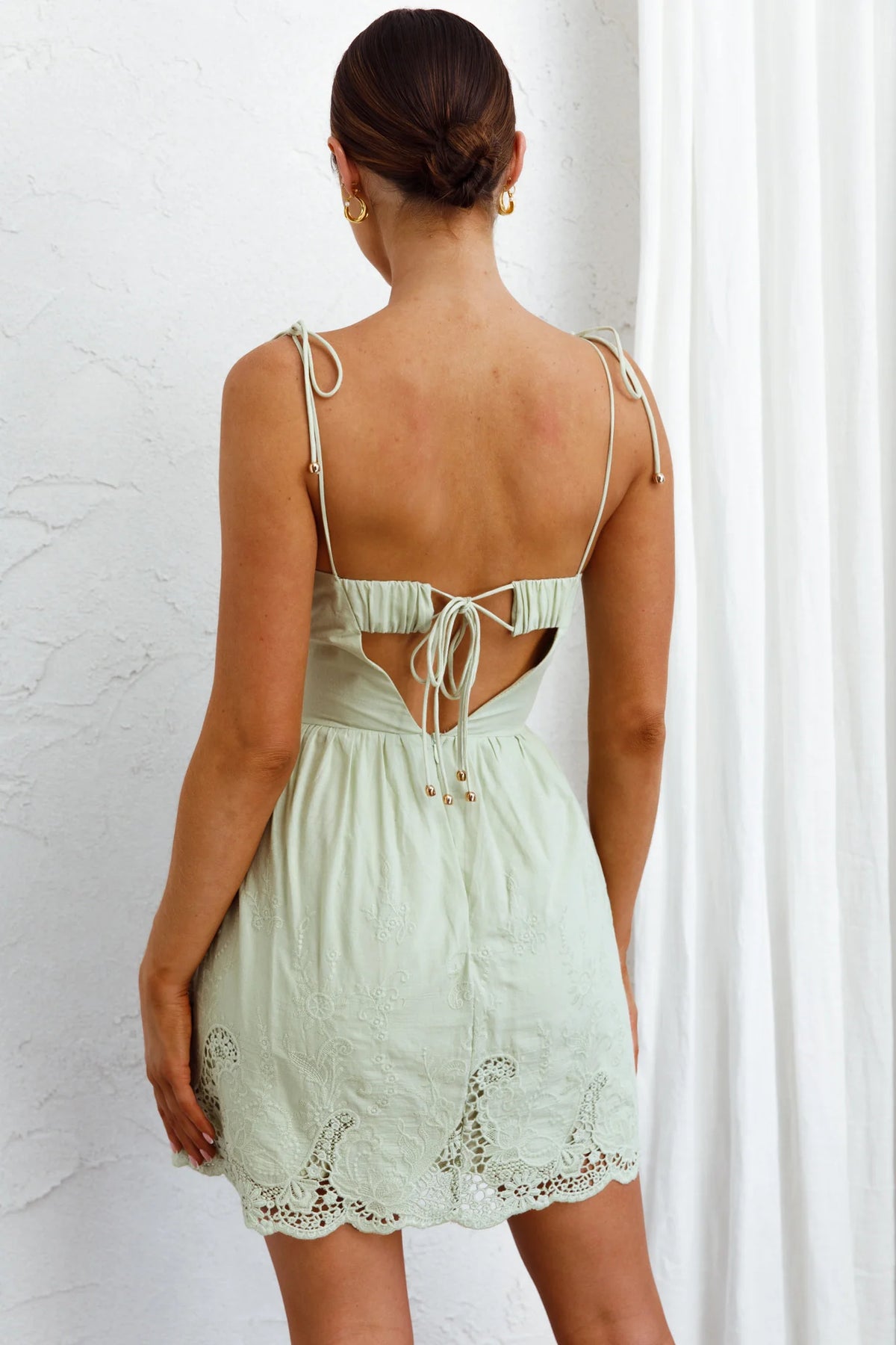 Lovers Lane Lace Trim Tied Strap Dress Avocado