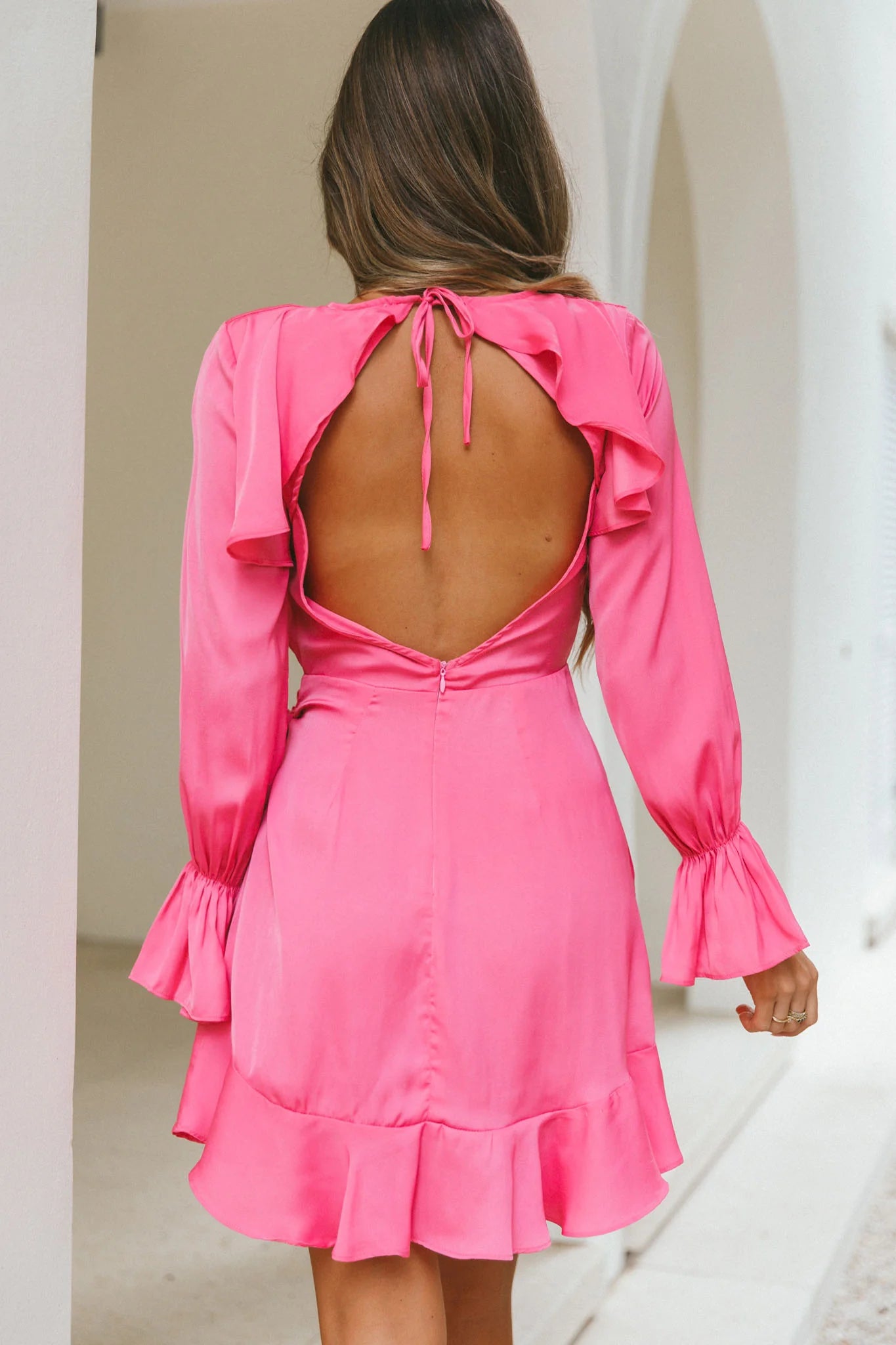 Darla Long Sleeve Satin Dress Hot Pink