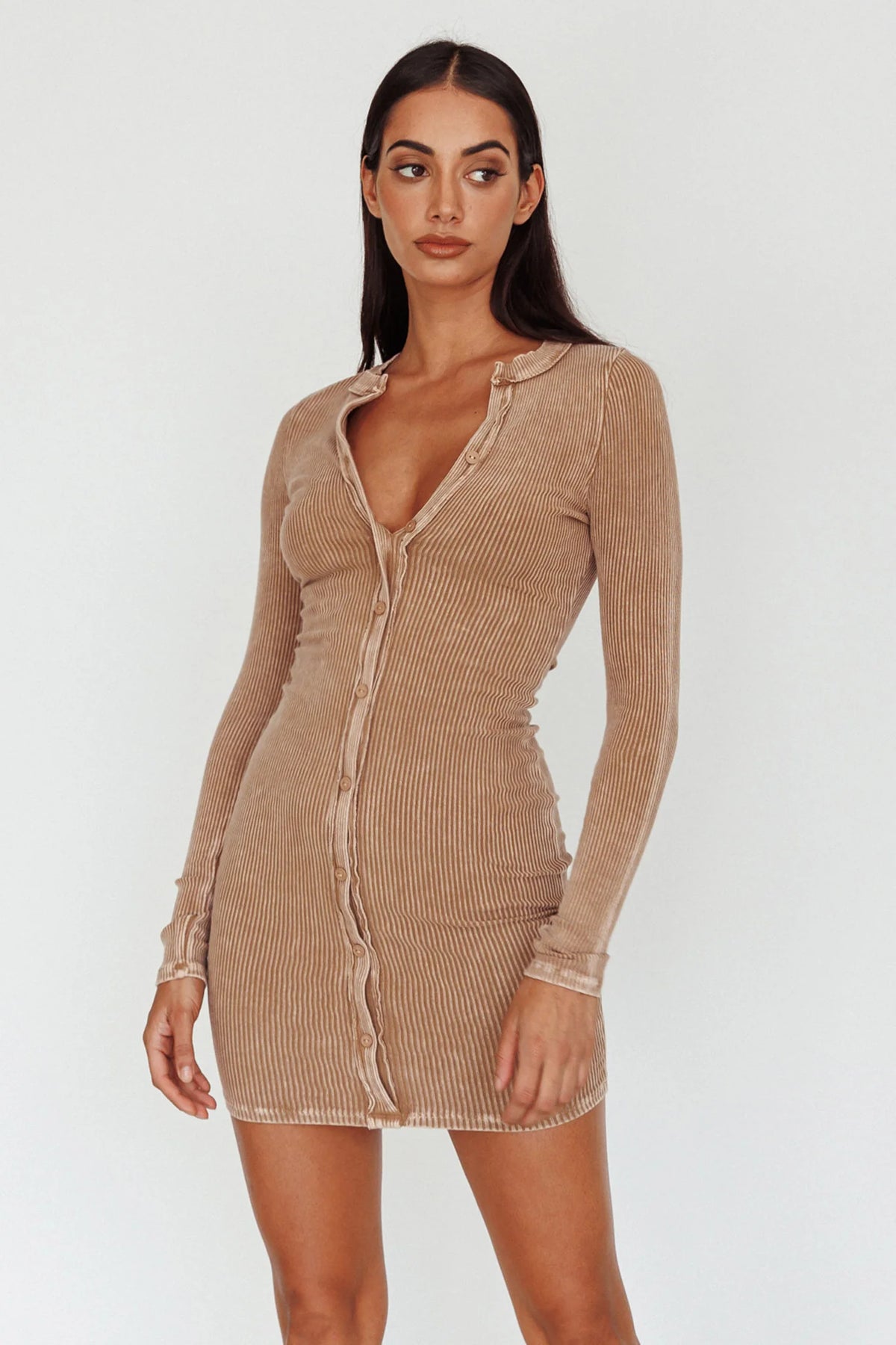 Goin' Solo Faux Placket Mini Dress Khaki