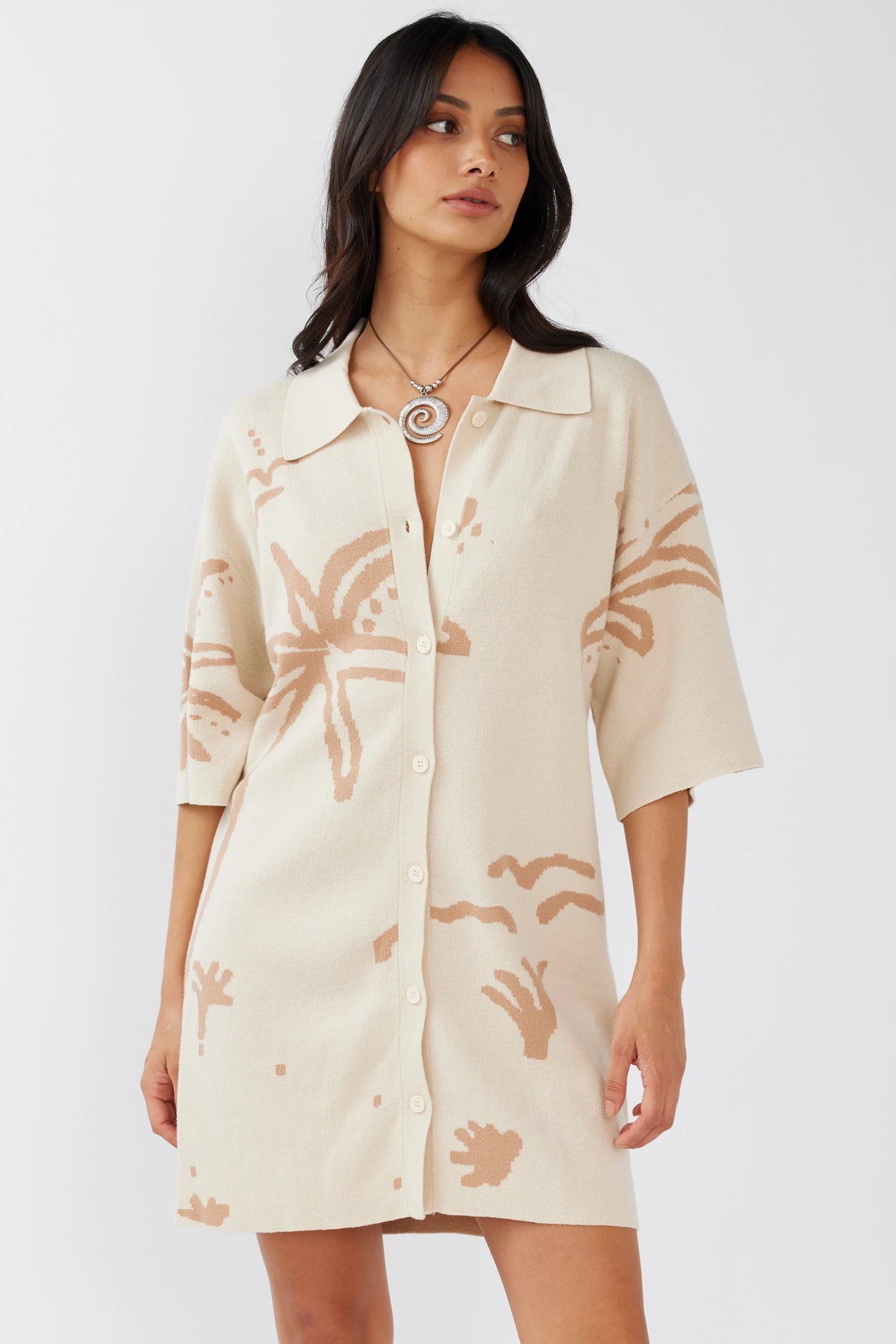 Nalani Button-Up Knit Dress Sand/Wood