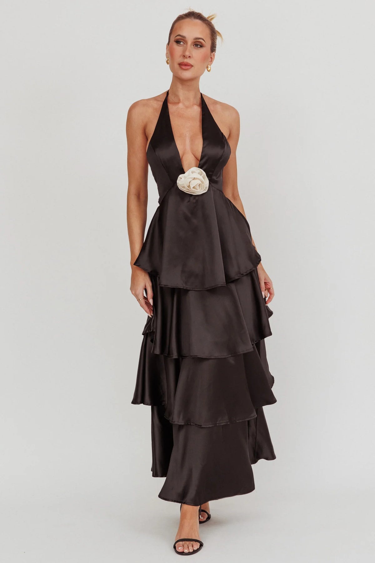 Catalina Tiered Ruffle Rosette Maxi Dress Black