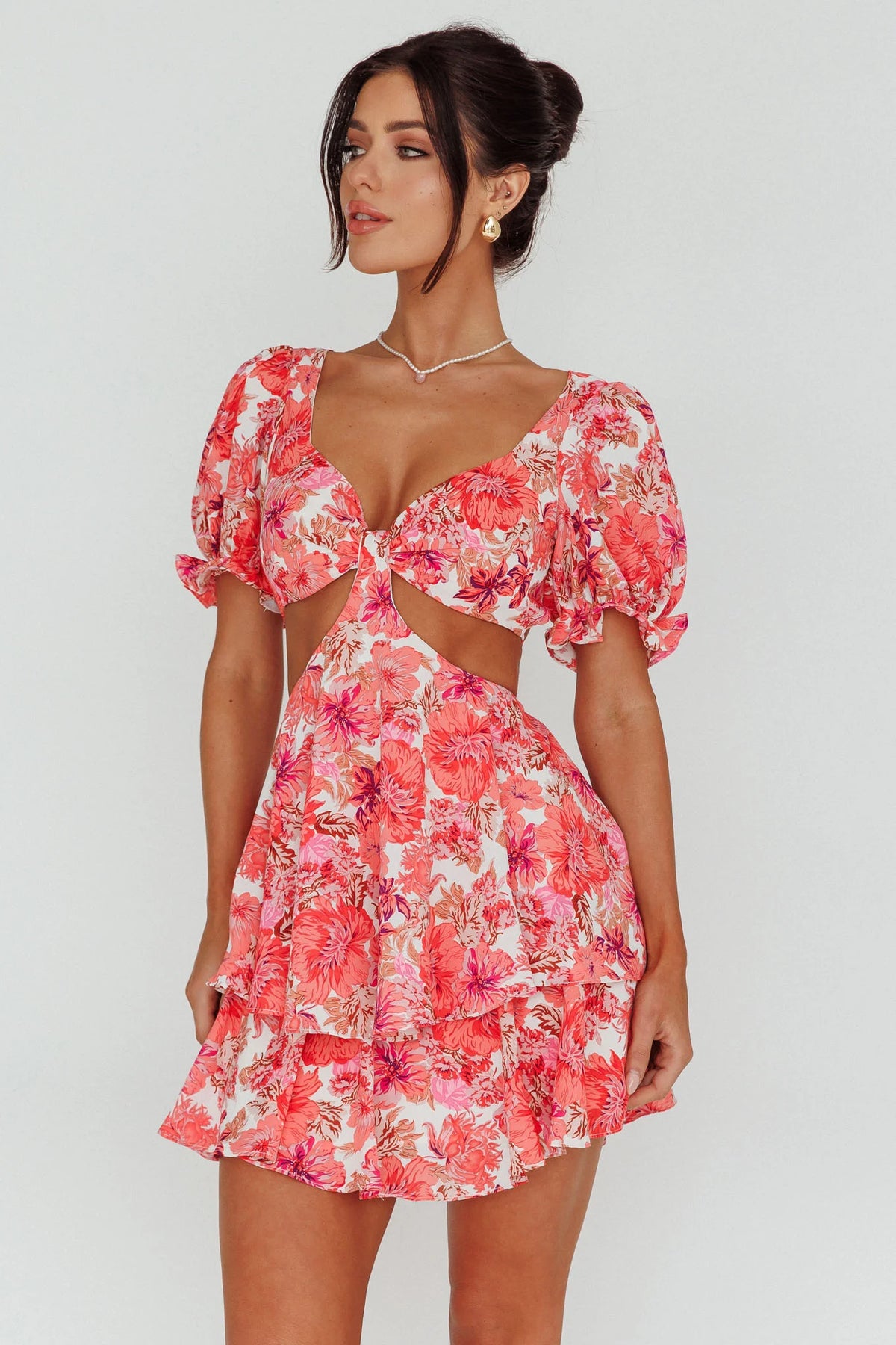 Orianthi Cut-Out Waist Mini Dress Floral Pink