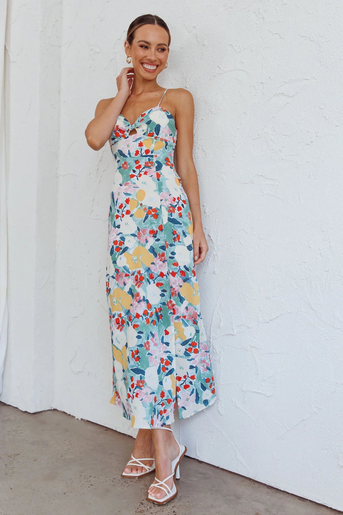 Missoula Cami Strap Padded Bust Midi Dress Flower Print Green