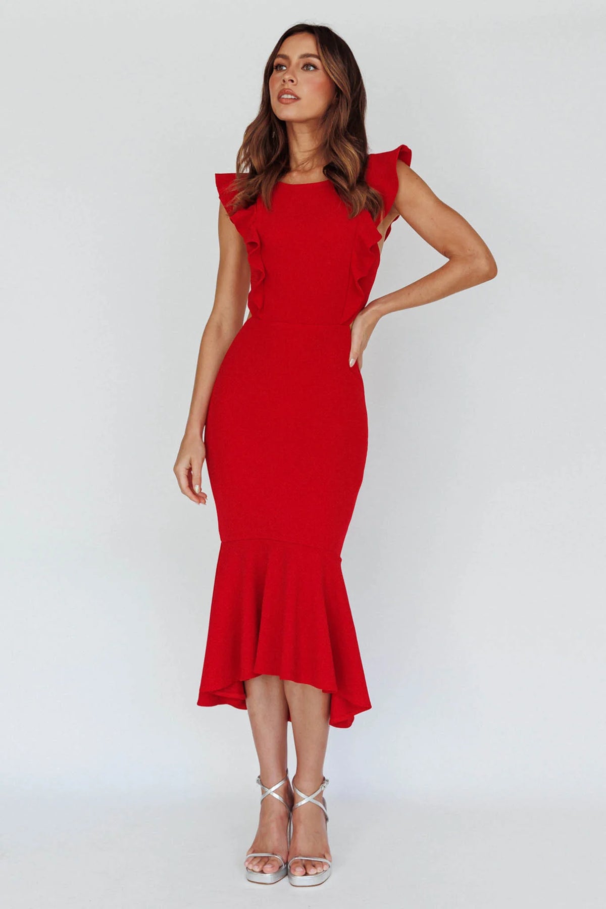 Jackie Wide Ruffle Hem Pinafore Midi Dress Red