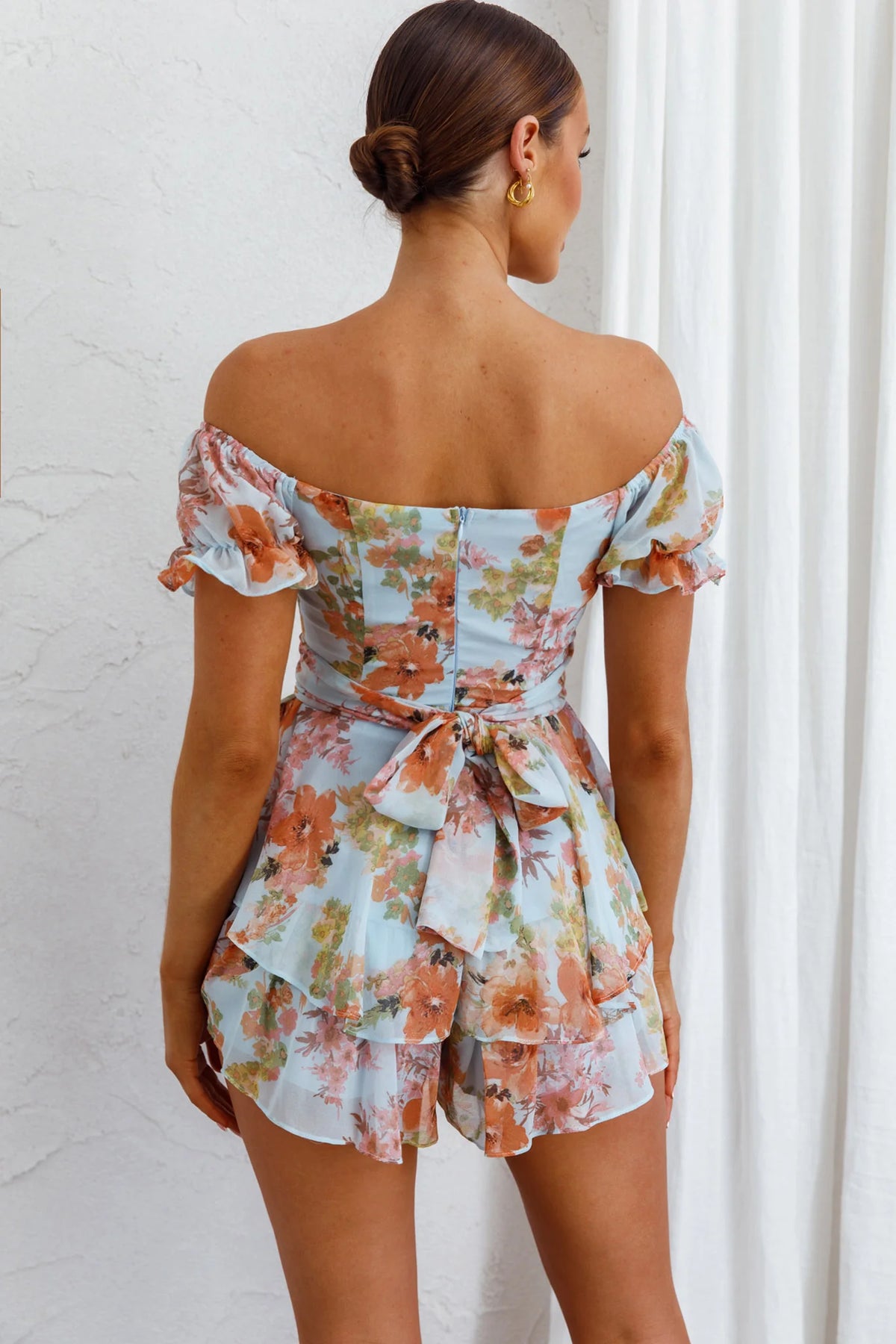 Linka Off-Shoulder Tie Back Romper Floral Blue