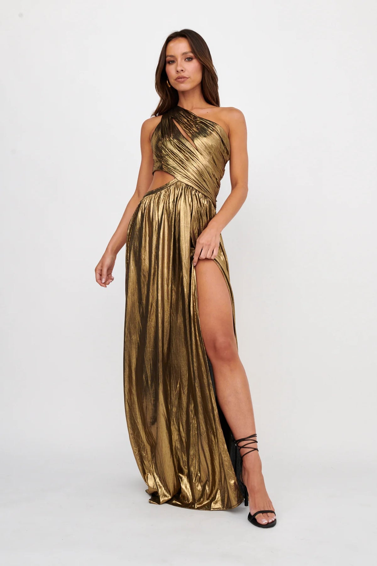 Fortuna One Shoulder Split Maxi Dress Black/Gold