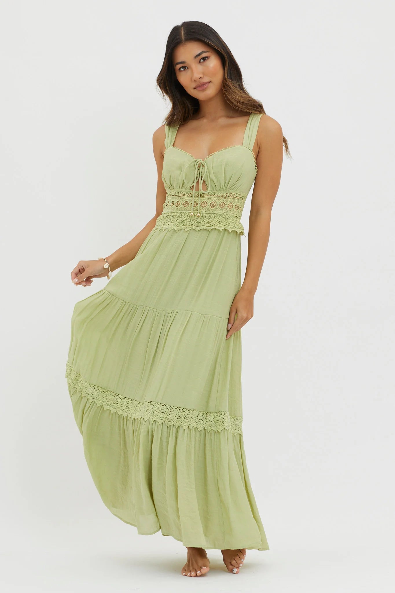 Libby Crochet Lace Waist Maxi Dress Green