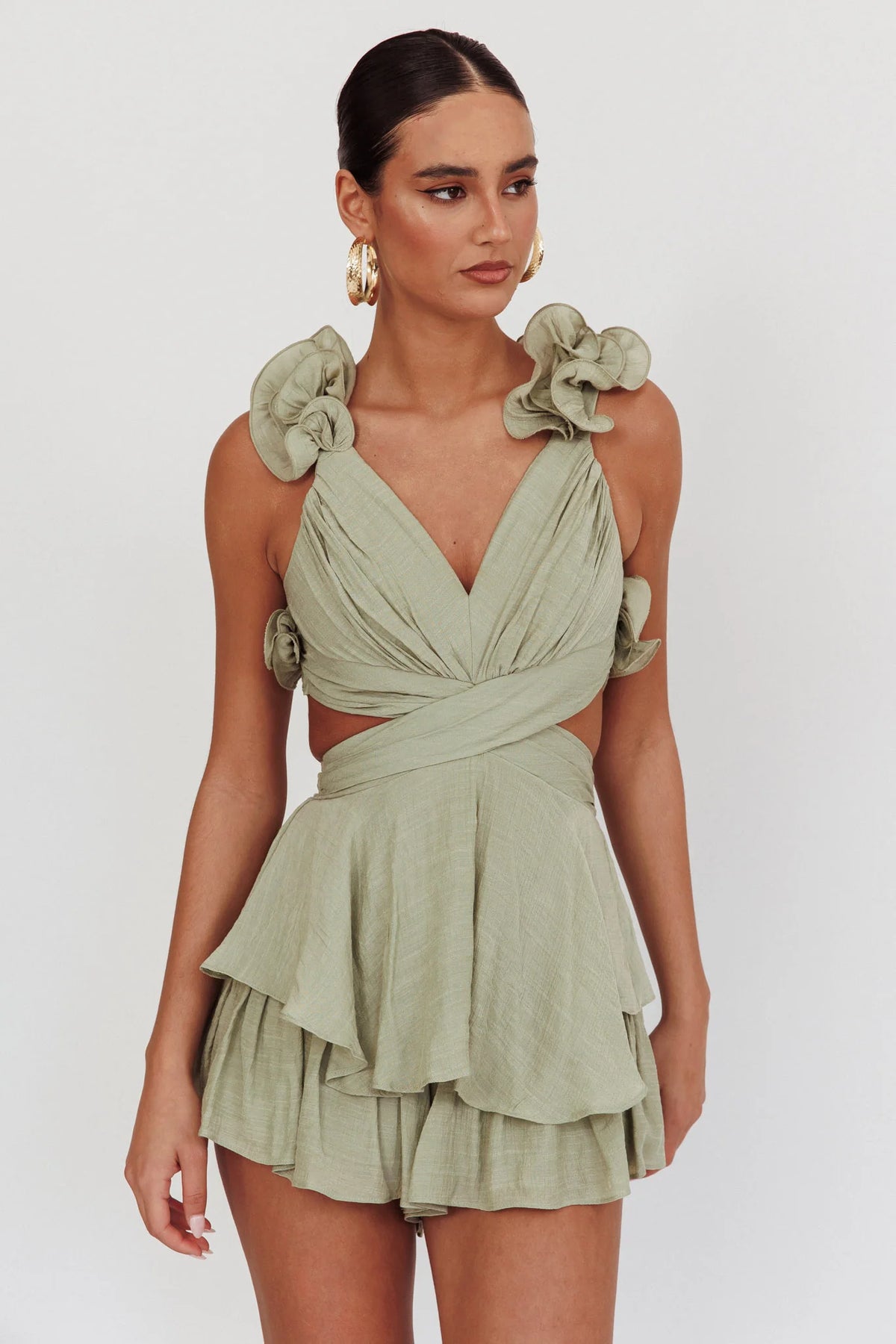 Madara Lace-Up Back Romper Sage