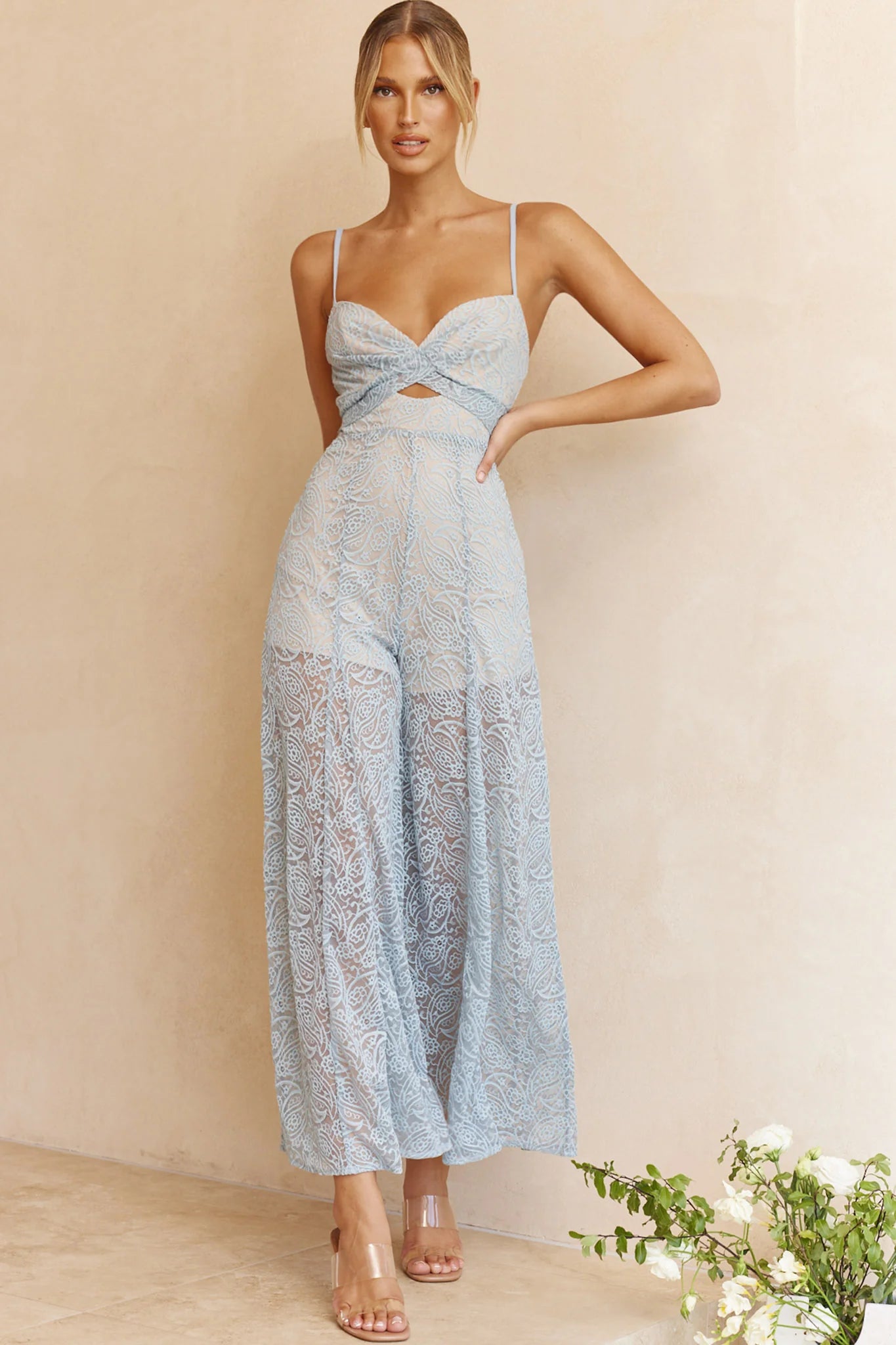 Just Like Heaven Crossover Bust Wide Leg Lace Jumpsuit Blue