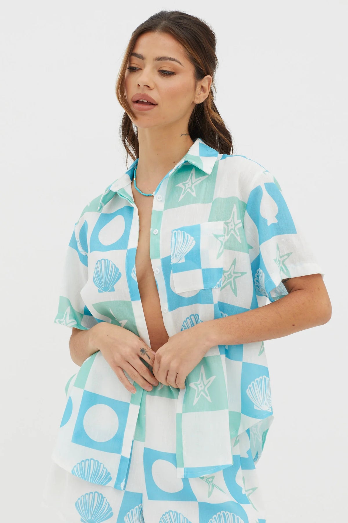 Just A Hunch Button Shirt Shell Print Green Multi