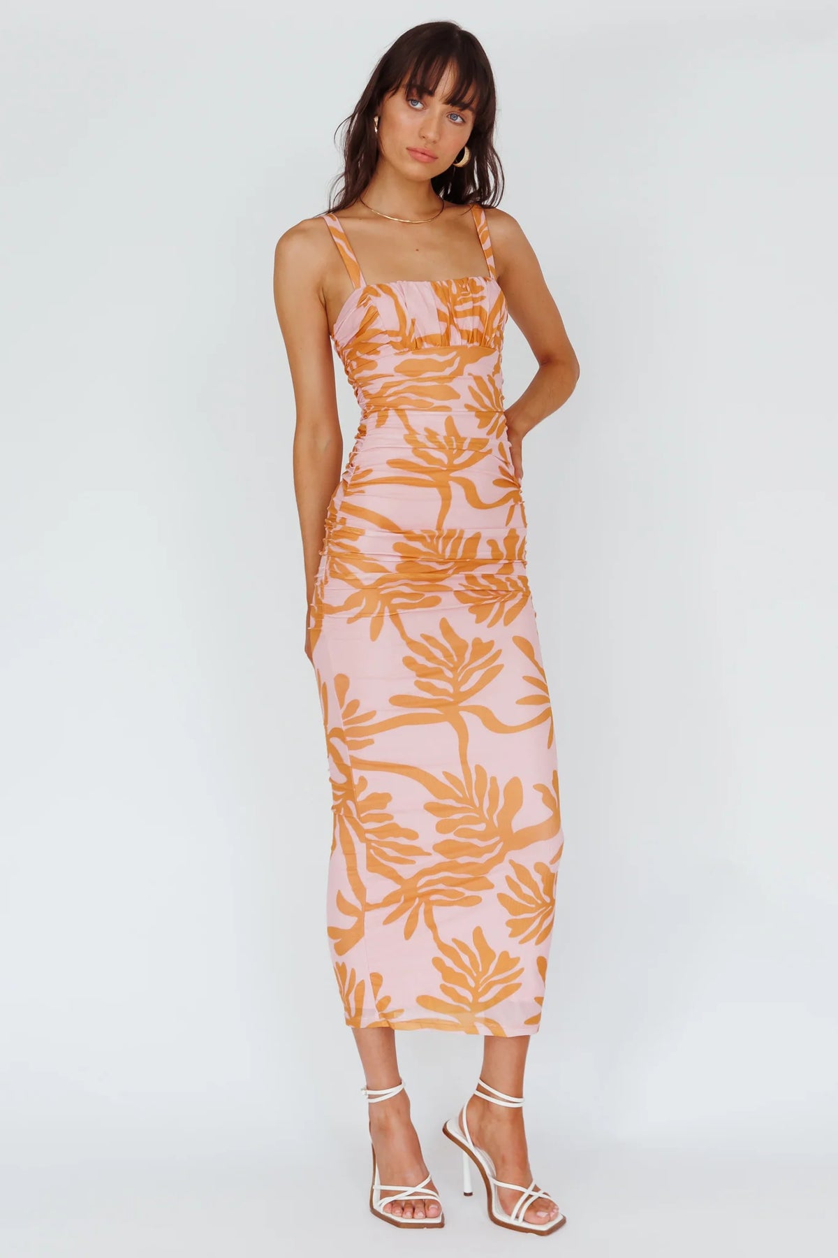 Hawaiian Sun Ruched Bust Midi Dress Print Pink