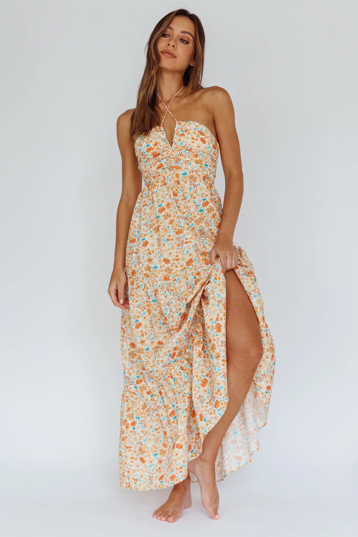 Asiah Halterneck Maxi Dress Flowers Orange