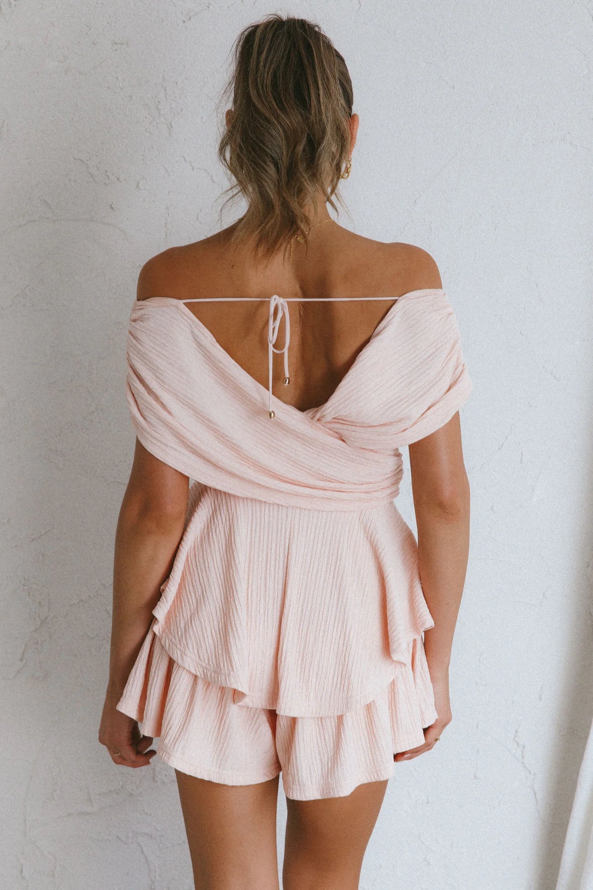 Glory Crossover Bust Layered Hem Romper Blush