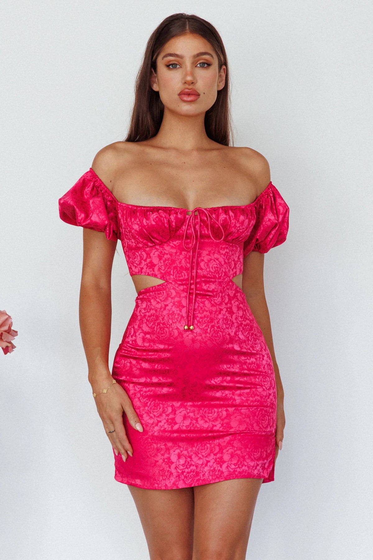 Eryn Puff Sleeve Jacquard Mini Dress Hot Pink