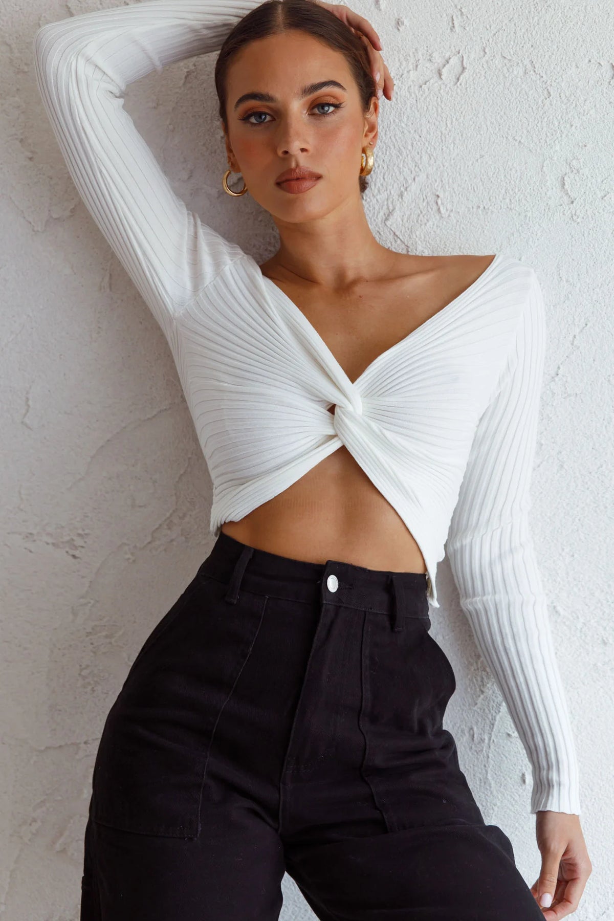 Dream Weaver Long Sleeve Twist Bust Crop Top White