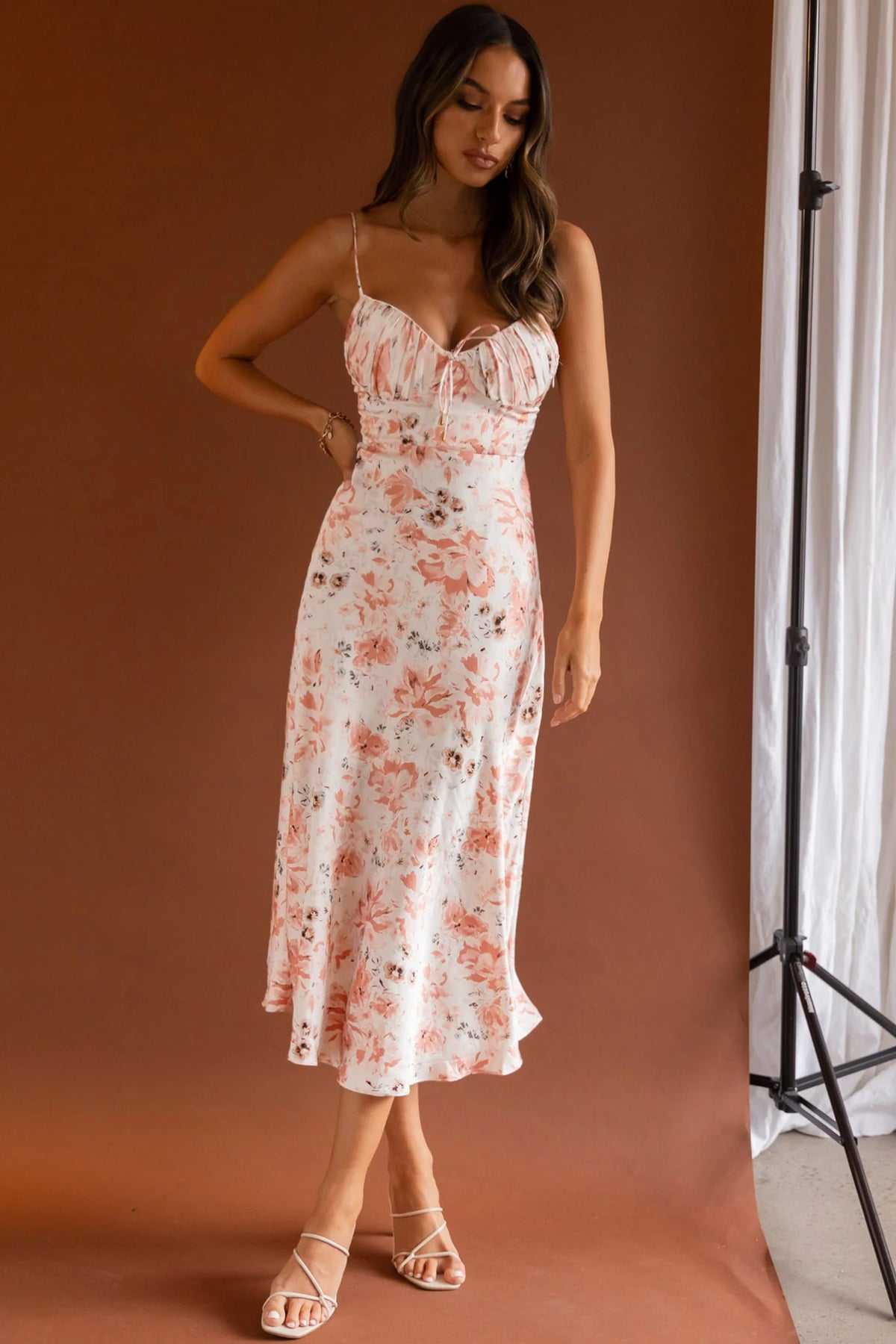 Malibu Gathered Bust Cami Strap Midi Dress Floral Pink