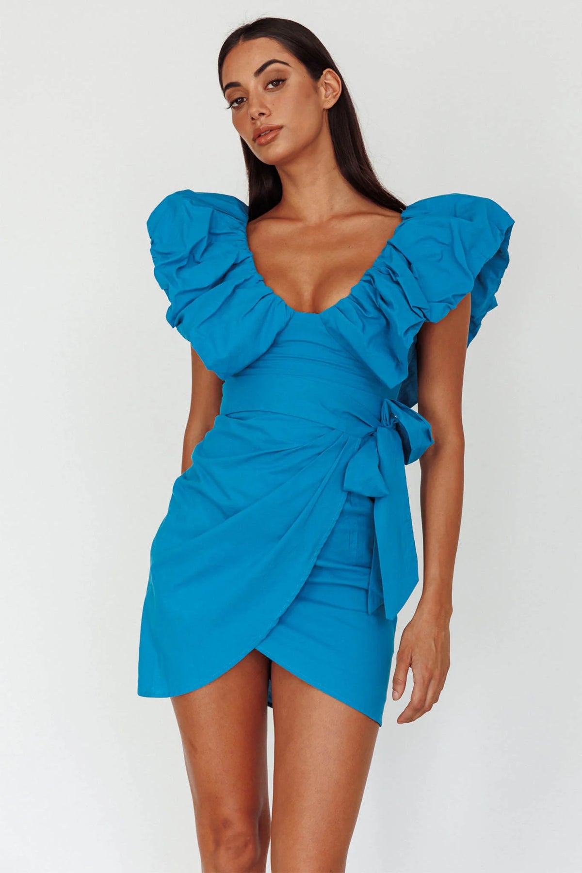 Kahlo Puffed Ruffle Neckline Mini Dress Blue
