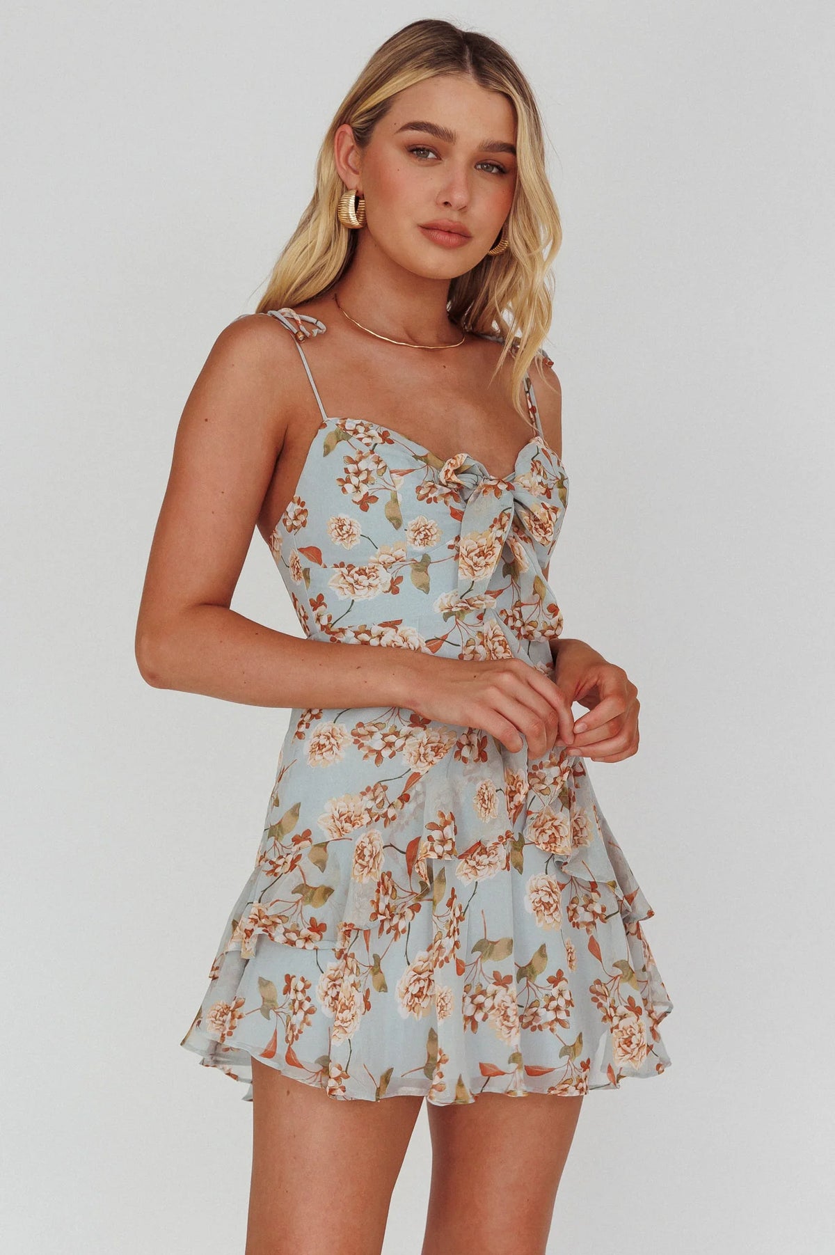 Flower Child Bust Tie Ruffle Trim Dress Roses Blue