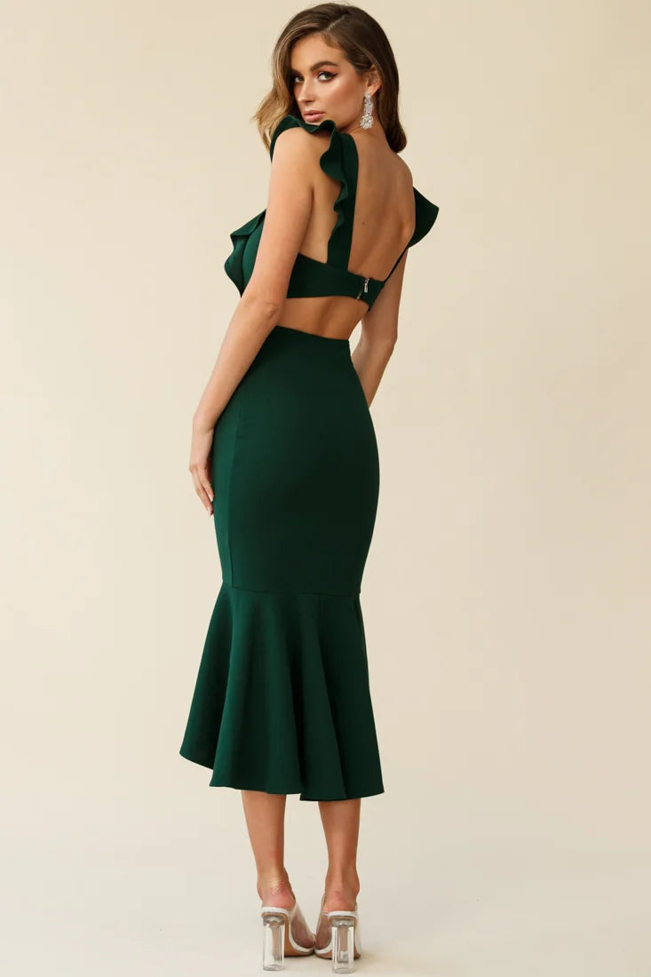 Jackie Wide Ruffle Hem Pinafore Midi Dress Forest Green