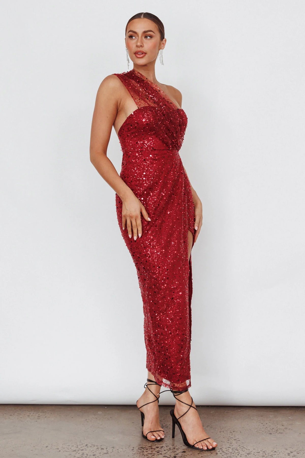 Doniella One-Shoulder Split Sequin Maxi Dress Wine