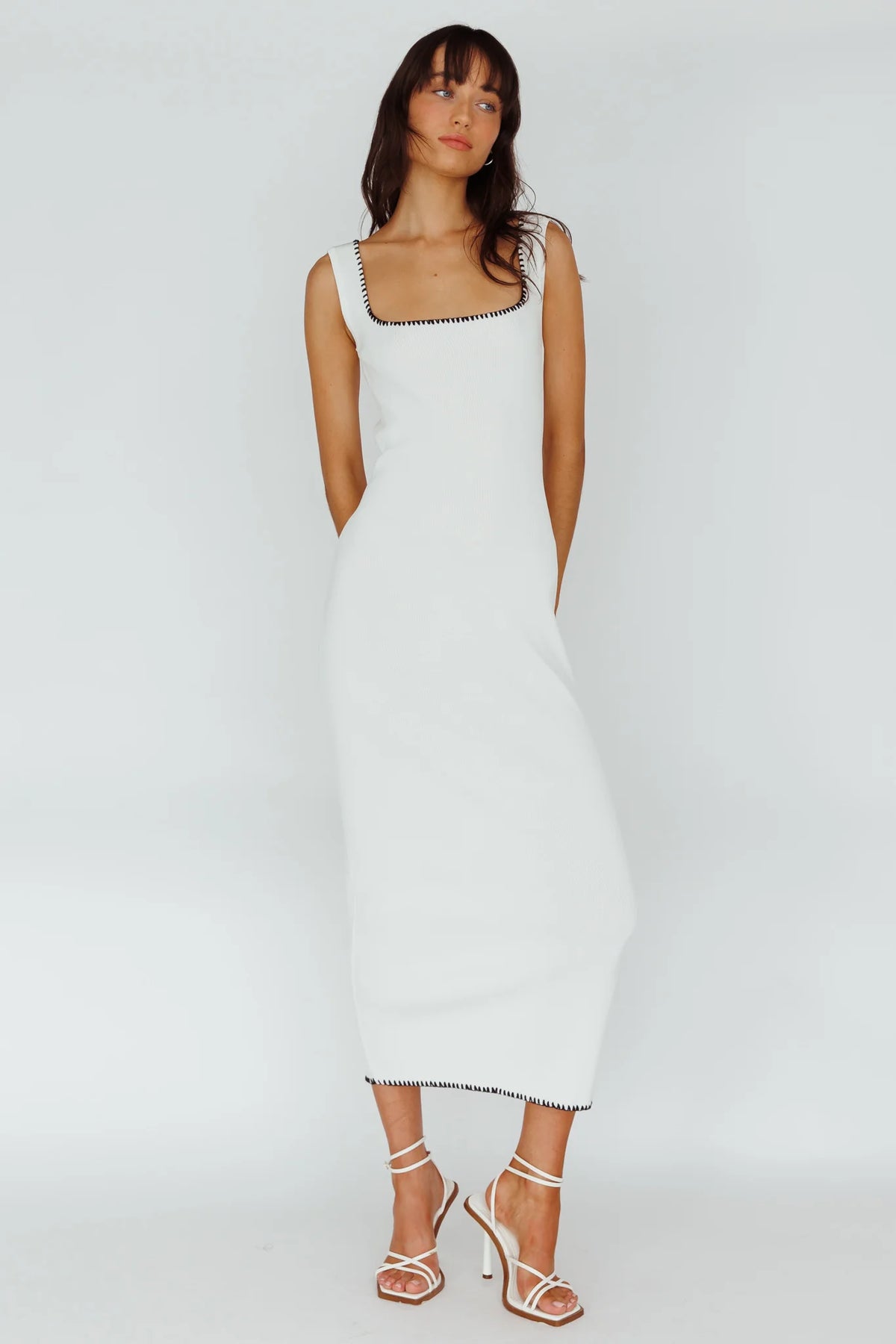 North Shore Blanket Stitch Knit Maxi Dress White
