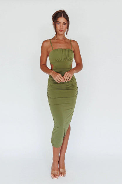 Mary Jane Gathered Bust Tie Back Midi Dress Olive