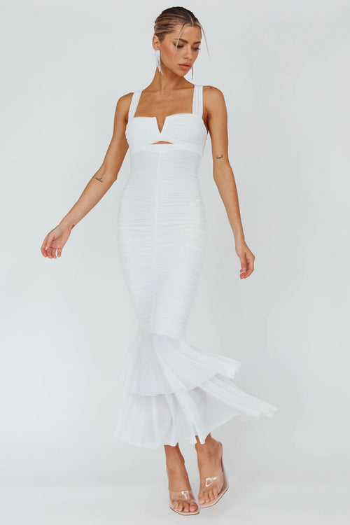 Nadia Ruched Fishtail Maxi Dress White