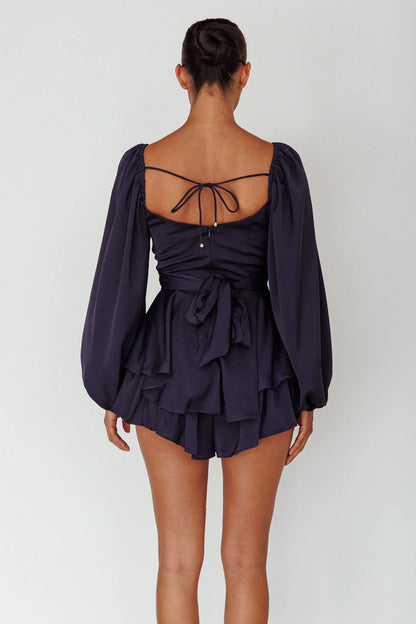 It's Complicated Long Sleeve Flounce Romper Navy