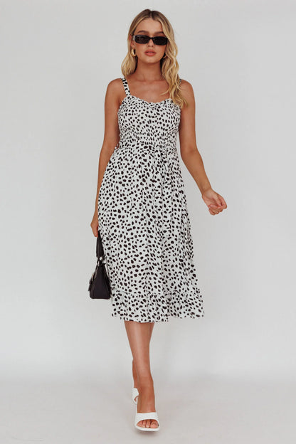 Honey Shirred Frill Midi Dress White/Black