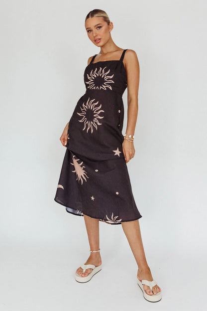 Coucou Square Neckline Midi Dress Celestial Print