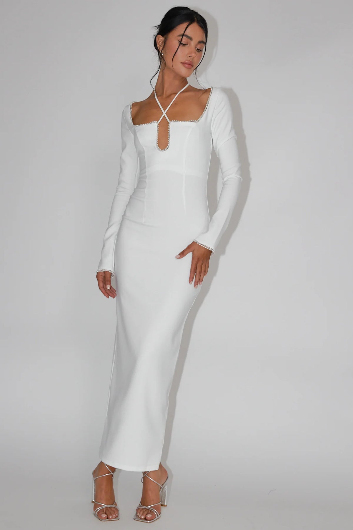 Samantha Pearl Trim Midi Dress White
