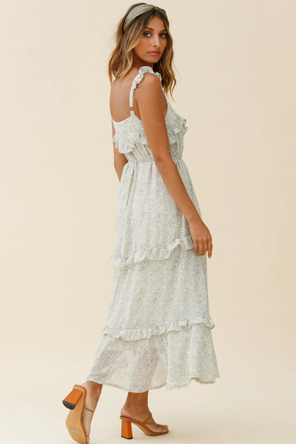 Priscilla Tied Bust Frill Detail Maxi Dress Floral Print Olive
