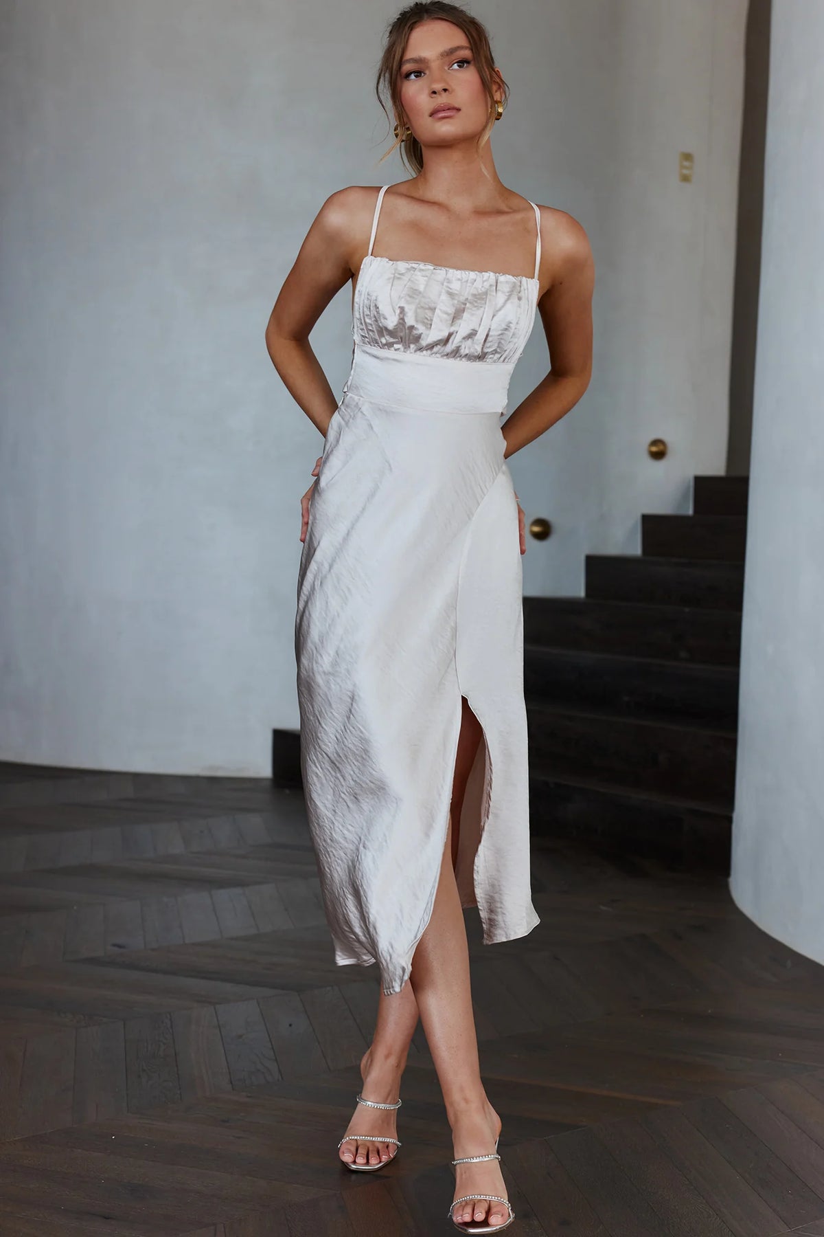 Lakoda Gathered Bust Bow Tie Back Midi Dress Champagne