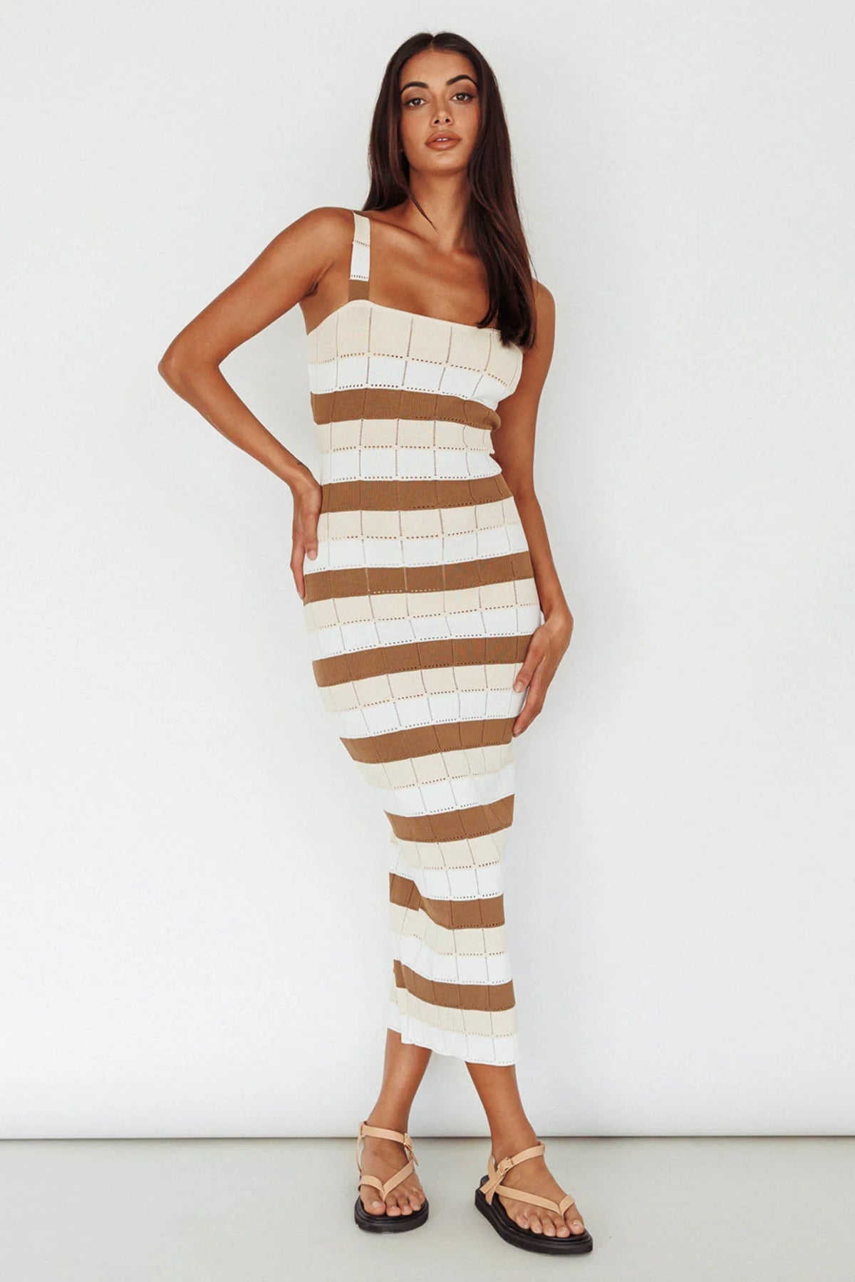 Chase The Sunrise Knit Midi Dress Striped Chocolate/White
