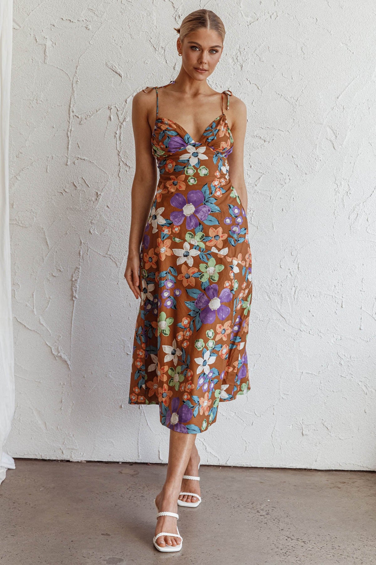 Clovelly Tied Shoulder Midi Dress Flower Terracotta