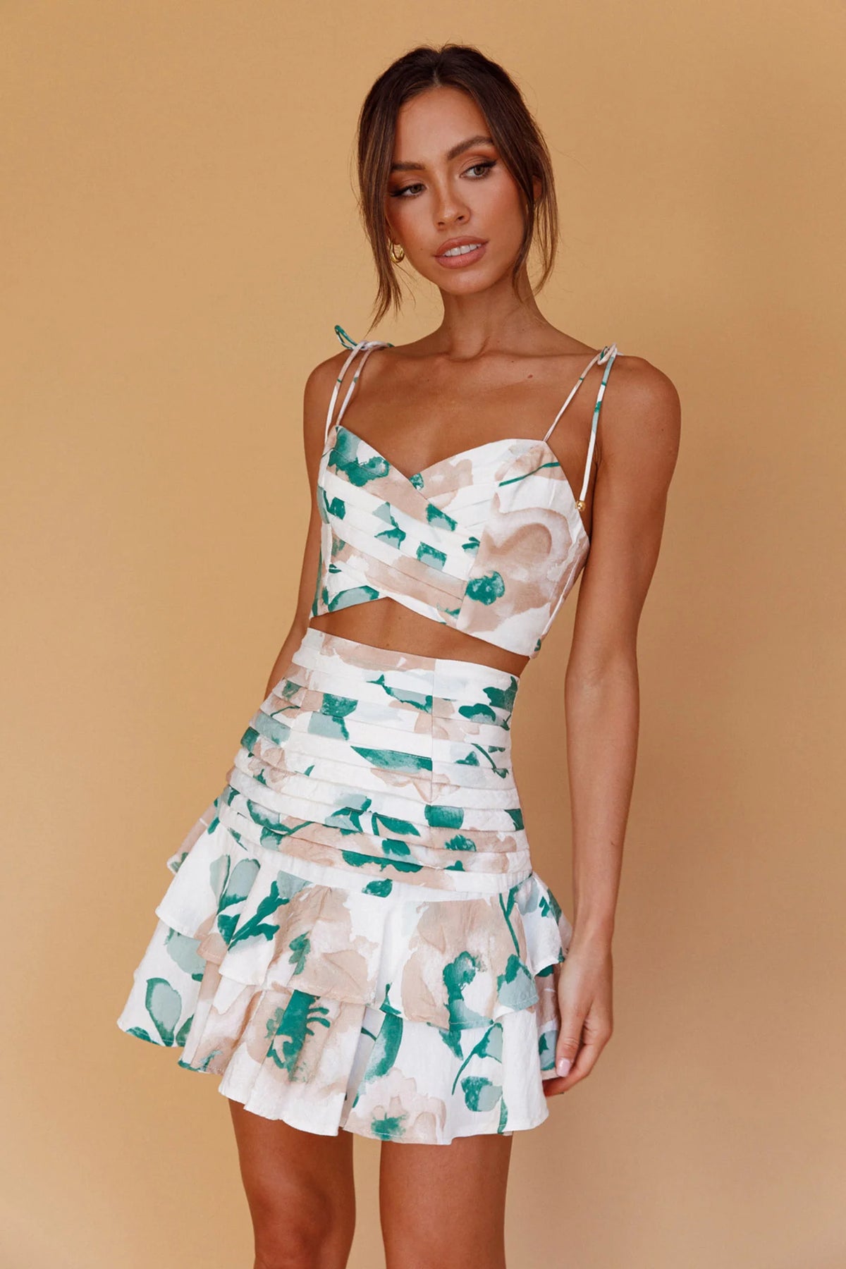 Janene Tied Shoulder Crop Top White/Olive