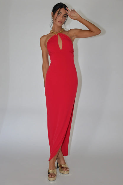Slow Dance Chain Halter Midi Dress Red