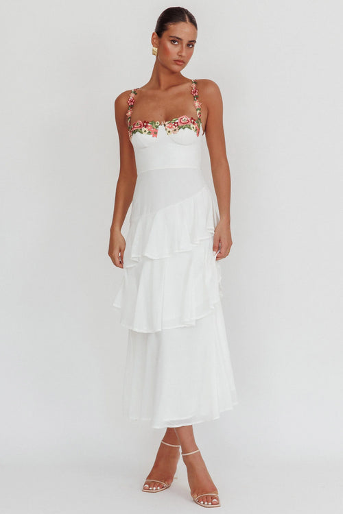 Rose Garden Tiered Ruffle Floral Trim Maxi Dress White