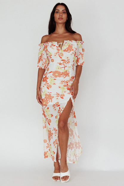 Jalynn Off-Shoulder Split Midi Dress Floral Orange