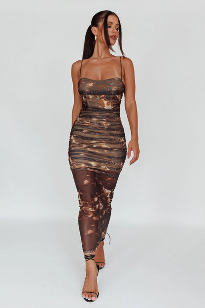 Logan Strapless Ruched Midi Dress Brown