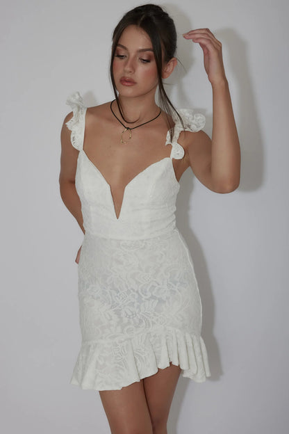 Kianna Ruffle Strap Lace Mini Dress White