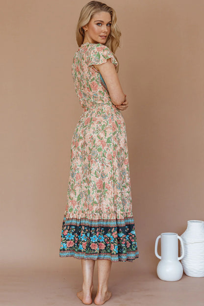 Mayan Angel Sleeve Wrap Midi Dress Floral Nude