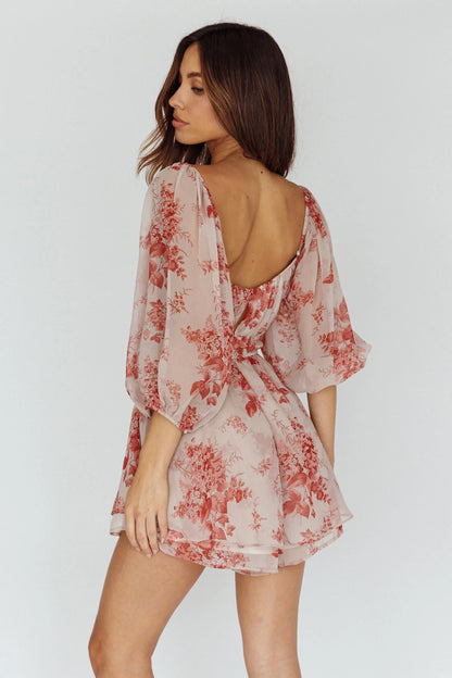 First Light Puff Sleeve Elasticated Waist Romper Floral Print Rose
