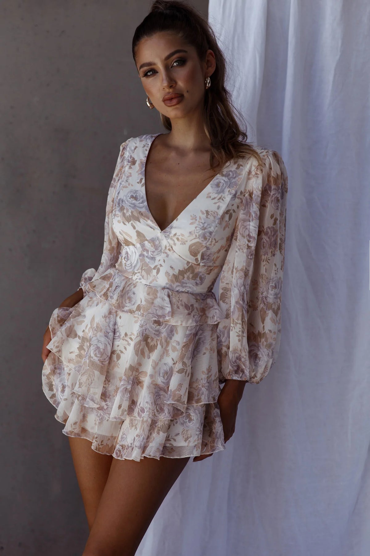 La Nena Frill Trim Flounce Romper Floral Cream