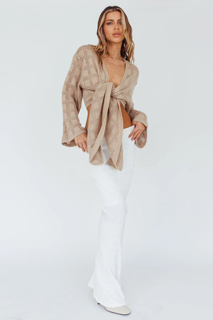 Rivera Deep-V Waist-Tie Top Crochet Sand
